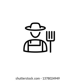 Vector Farmer Icon Template. Flat Symbol Of Farming Man With A Pitchfork. Line Granger In Hat Illustration. Local Farm Village Worker On Background