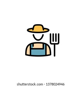 Vector Farmer Icon Template. Line Granger In Hat Illustration. Color Flat Symbol Of Farming Man With A Pitchfork. Local Farm Village Worker On Background