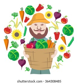 Vector farmer with a large basket of vegetables
