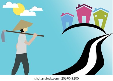 vector de un agricultor mirando una casa y una carretera con fondo azul