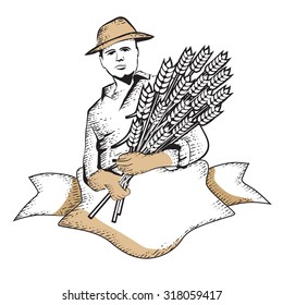 Vector Farmer man with a large sheaf of wheat