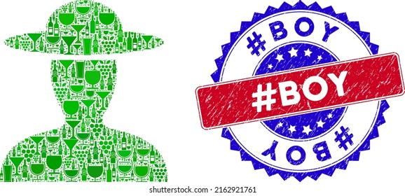 Vector farmer person icon wine mosaic and grunge bicolor Hashtag Boy seal. Red and blue bicolored watermark with grunge surface and Hashtag Boy slogan. Farmer person mosaic icon designed with wine