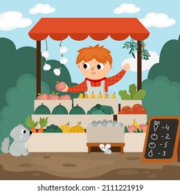 Vector farmer selling fruit and vegetables in a street stall. Cute farm market scene. Rural country landscape. Child vendor in booth. Funny farm cartoon salesman illustration
