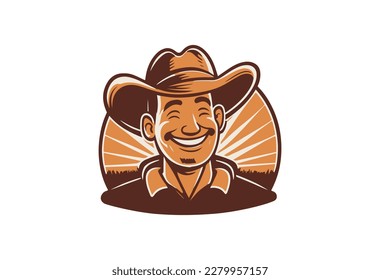 Granjero vectorial sonriendo ilustración facial. Feliz sello de jardinero. Logo de la agricultura aislado de fondo blanco. Hombre en ese retrato. Plantilla de alimentos para agricultura natural. Carácter masculino de panadería, signo ecológico