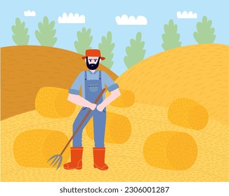 Granjero vectorial en uniforme recolectando heno en el paisaje de los campos de otoño. Ilustración vectorial del concepto de creación de heno de estilo plano