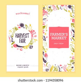 Vector farmers market banners template with frame & round label. Hand drawn sketch raw vegetables. Good for farmers market & food fair posters, flayers, advertisements, menu, packaging, price tags etc