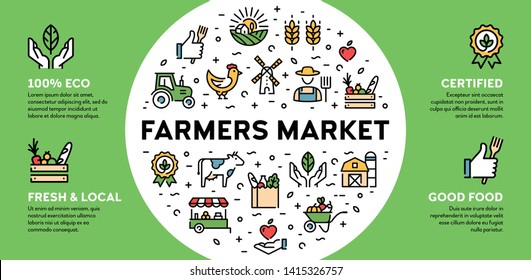 Vector farmers market icon illustration. Local farm banner with place for text. Eco, natural, certified logo signs for organic farming, food shop, healthy fresh products. Agriculture background design