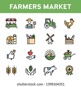 Vector farmers market icon set. Organic farming pictogram illustration in line style. Modern agriculture logo symbol collection. Eco, bio, natural signs for local food shop, healthy fresh products