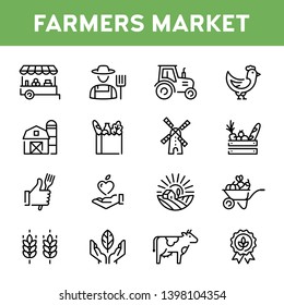 Vector farmers market icon set. Modern agriculture logo symbol collection. Organic farming pictogram illustration in line style. Eco, bio, natural signs for local food shop, healthy fresh products