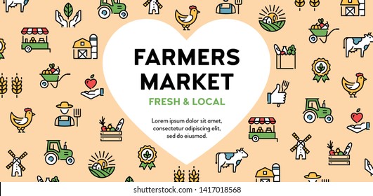 Vector Farmers Market Icon Set. Local Farm Banner With Heart And Place For Text. Agriculture Background Illustration. Eco Natural Logo Signs For Organic Farming, Food Shop, Healthy Fresh Products