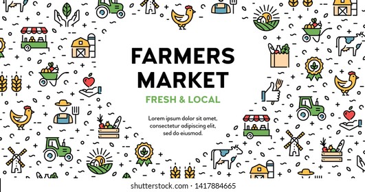 Vector farmers market icon set. Eco natural logo signs for organic farming, food shop, healthy fresh products. Local farm banner with heart and place for text. Agriculture background illustration