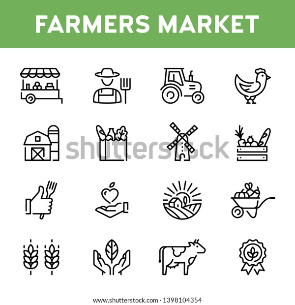 Vector farmers market icon set. Modern\
agriculture logo symbol collection. Organic farming pictogram\
illustration in line style. Eco, bio, natural signs for local food\
shop, healthy fresh\
products