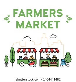 Vector farmers market illustration. Line fruit and vegetable shop banner template. Local farm food stand background. Flat greengrocer store business with organic eco bio products