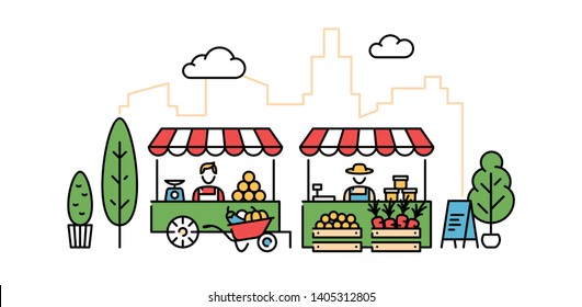 Vector Farmers Market Illustration. Local Farm Food Stand Background. Flat Fruit And Vegetable Shop Banner Template. Line Greengrocer Store Business With Organic Eco Bio Products