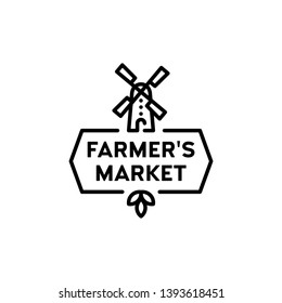 Vector farmers market logo template. Outline wind mill icon illustration with green leaves. Agriculture label background for local farmer market, healthy natural products, bio business