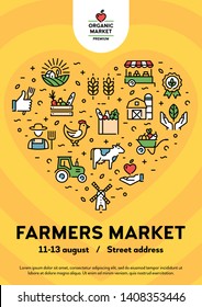 Vector farmers market poster illustration. Local farm event flyer background with place for text. Line fruit and vegetable shop banner template with heart. City food festival with organic products