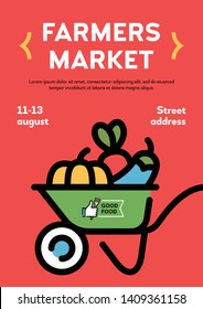 Vector farmers market poster illustration. Local farm event flyer background with wheelbarrow  and place for text. Line fruit and vegetable shop banner template. Food festival with organic products