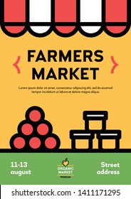 Vector farmers market poster illustration. Farm event flyer background with stall and place for text. Line fruit and vegetable shop banner template. Food festival with honey and other organic products