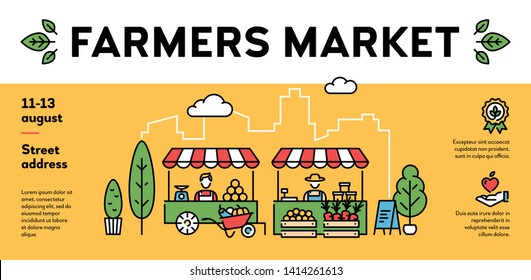 Vector farmers market poster illustration. City food festival banner with organic eco products. Local farm event flyer background with place for text. Line healthy fruit and vegetable shop template