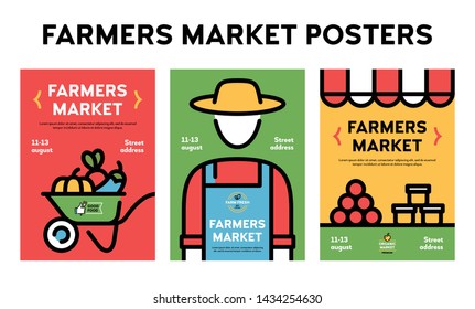 Vector farmers market poster illustration set. Farm event flyer backgrounds with place for text. Line fruit and vegetable shop banner templates. Food festival flyers with farmer, organic products