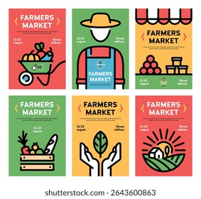 Vector farmers market poster illustration set. Farm event icon backgrounds with place for text. Line fruit and vegetable shop banner templates. Food festival flyers with farmer, organic products