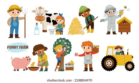 Vector farmers set. Cute kids doing agricultural work. Rural country scenes. Children gathering hay, feeding animals, beekeeping, milking cow. Cartoon boys and girls. Funny farm illustrations
