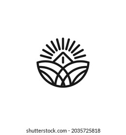 Vector farmhouse icon template. Illustration of linear organic farming symbol with field, sun, flowers, rays. Natural food logo background for healthy fresh eco-friendly products, farmers market in ci