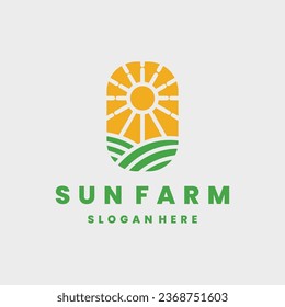 Plantilla de icono de la granja vectorial ilustración de símbolo de agricultura orgánica con campo, sol, rayos.