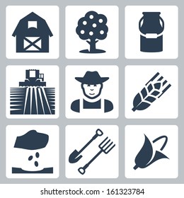 Vector farming icons set: barn, apple tree, milk can, field and harvester, farmer, ear of wheat, seeding, spade and pitchfork, corn