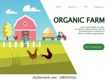 Vector farming illustration. Rural landscape, farm animals and design elements