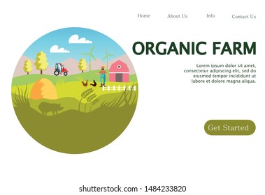 Vector farming illustration. Rural landscape, farm animals and design elements