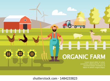 Vector farming illustration. Rural landscape, farm animals and design elements