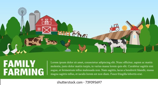 Vector Farming Illustration. Rural Landscape, Farm Animals And Design Elements