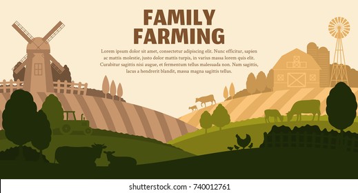 Vector farming illustration. Rural landscape, farm animals and design elements