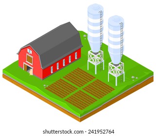 Vector Farming image Isomeric Farming vector with crops and grain silos.