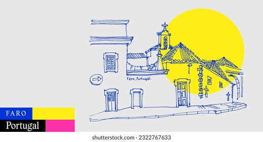 Vector Faro, Portugal postcard. Street in old town, cozy aged houses and a church. Artistic drawing. Algarve travel sketch in bright vibrant colors. Modern hand drawn touristic poster illustration