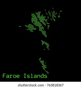 Vector Faroe Islands map dotted silhouette with green dots on a black background (as on old ancient computers running DOS)