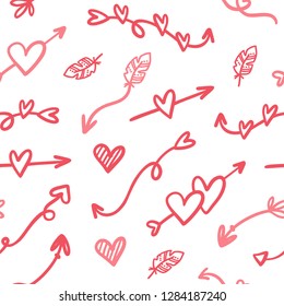 Vector fashion abstract seamless pattern with arrow, hearts on Happy Valentines Day. Cartoon doodle illustration background
