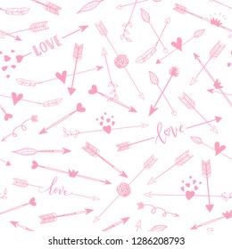 Vector fashion abstract seamless pattern with arrow, hearts on Happy Valentines Day. Cartoon doodle illustration background