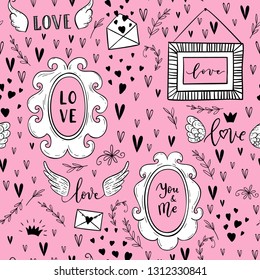 Vector fashion abstract seamless pattern with arrow, love text, crown, hearts on Happy Valentines Day. Cartoon doodle illustration background