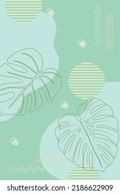 Vector fashion background. Hand drawn line art botany illustration in pastel colors. Exotic leaf vector design.Minimal botanical art concept.