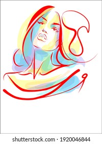 
VECTOR fashion Background with a
stylish  original hand-drawn graphics sketch portrait  with beautiful young girl  for design beauty logo 