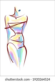 
VECTOR fashion Background with a
stylish  original hand-drawn graphics sketch graphic with beautiful young girl model in bikini for design beauty logo 