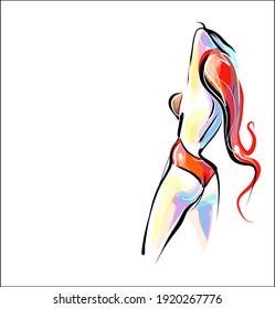 
Fondo de la moda del VECTOR con
elegante  gráfico original de dibujos gráficos dibujados a mano con el hermoso modelo de chica joven en bikini para el logo de belleza de diseño 