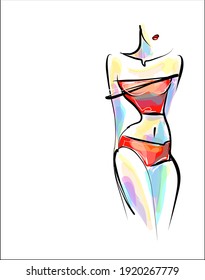 
VECTOR-Modehintergrund mit
stylisch  originale handgezeichnete Grafikskizze mit schönem jungen Girl-Modell in Bikini für Design-Beauty-Logo 