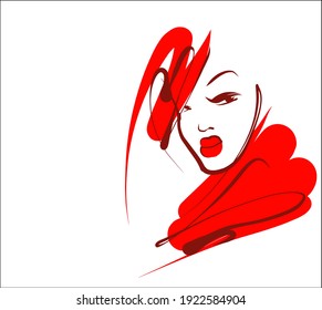 
Fondo de la moda del VECTOR con
elegante  retrato original de dibujo gráfico a mano  con el hermoso modelo de chica joven modelo de diseño logotipo de belleza 