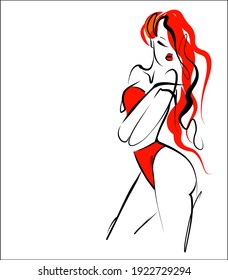 
VECTOR fashion  Background with a
stylish  original hand-drawn graphics sketch graphic with Beautiful young girl model in bikini for design beauty logo 