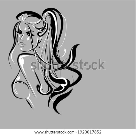 
VECTOR fashion Background with a
stylish  original hand-drawn graphics sketch portrait  with beautiful young girl  for design beauty logo 
