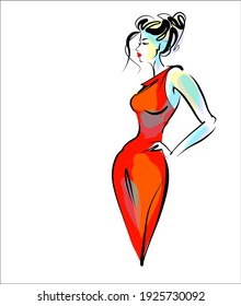 
VECTOR fashion Background with a
stylish  original hand-drawn sketch graphics with beautiful young girl model in dress  for fashion design logo 
