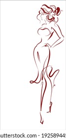 
VECTOR fashion Background with a
stylish  original hand-drawn sketch graphics with beautiful young girl model in dress  for fashion design logo 
